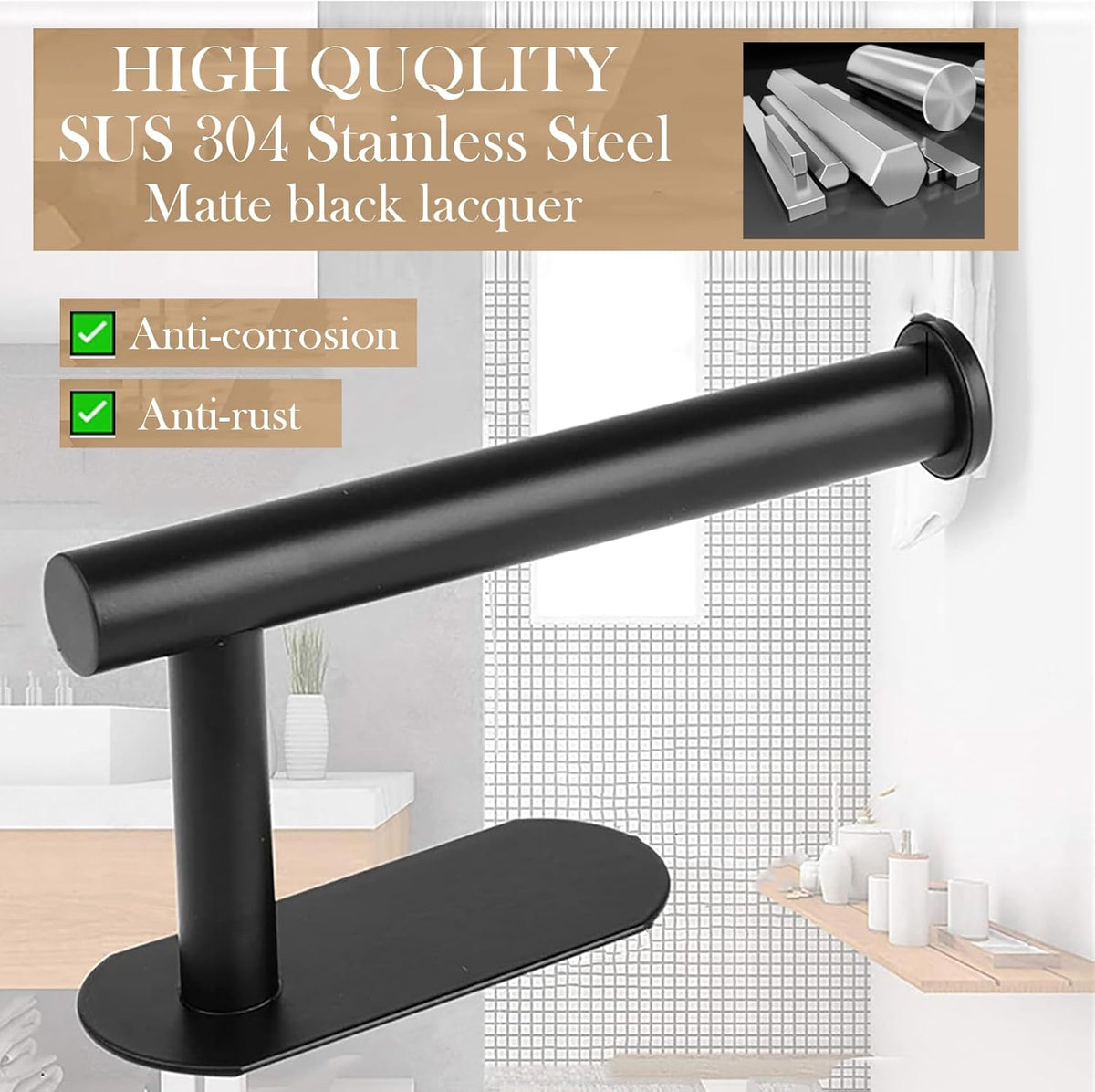 Toilet Paper Holder - Self Adhesive Toilet Paper Holder Wall Mount for Bathroom, SUS 304 Stainless Steel Command Strip Toilet Paper Roll Holder Stick On Wall, No Drilling - Matte Black