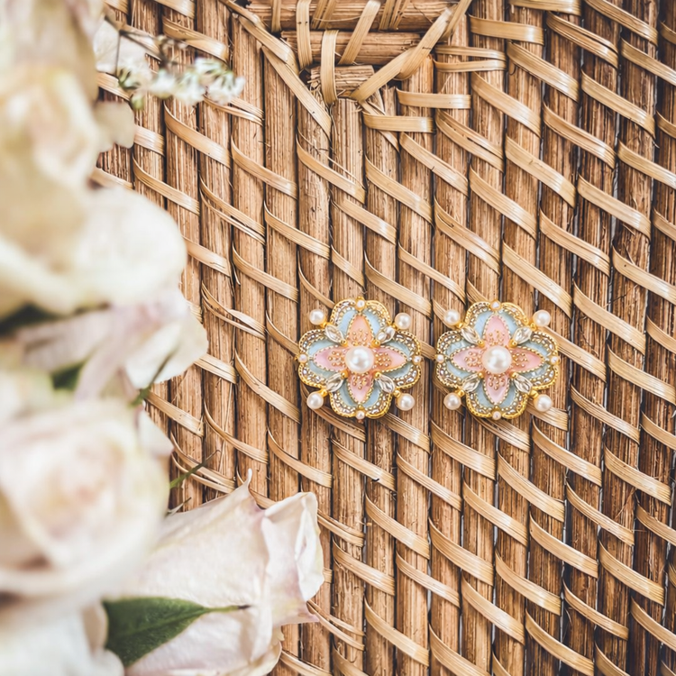 Beautiful Vintage Pastel and Pearl Stud Earrings