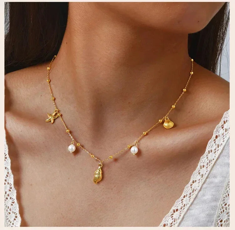Pearl Shell Conch Starfish Summer Beach Necklace