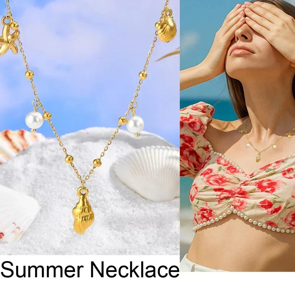 Pearl Shell Conch Starfish Summer Beach Necklace